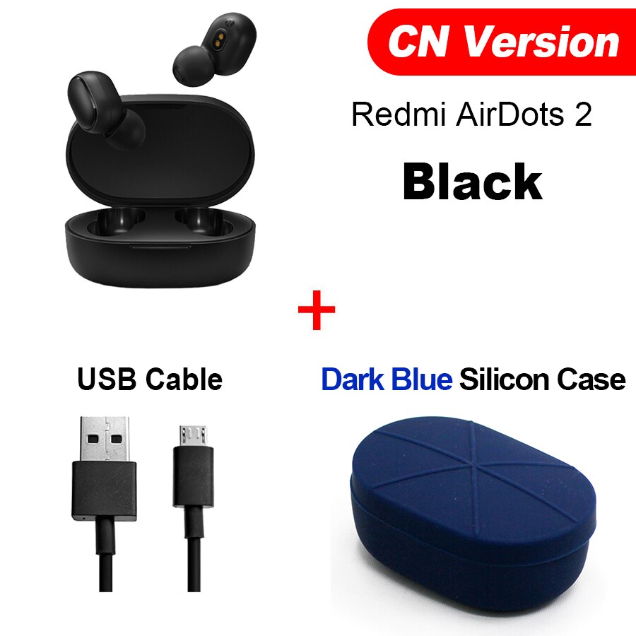 Xiaomi Redmi Airdots 2 TWS Bluetooth Wireless Earphone Stereo bass Earbuds Voice Control BT 5.0 Noise Reduction Tap AI Control: CN Cabl Dar Blu Case