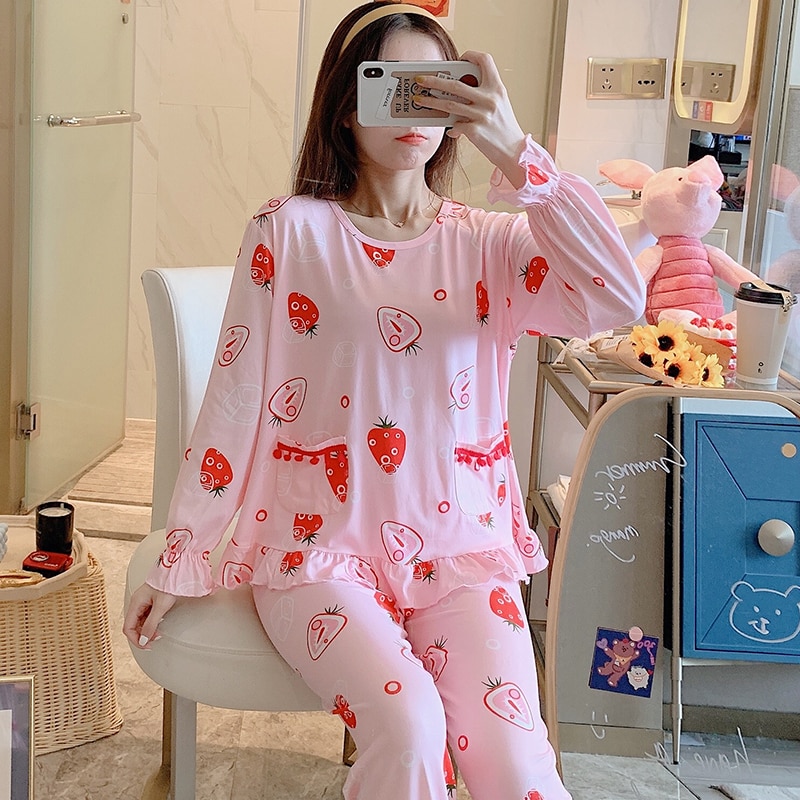 Ensfarvet kvinder pyjamas sæt løst bomuld dame nattøj hjemmetøj pink