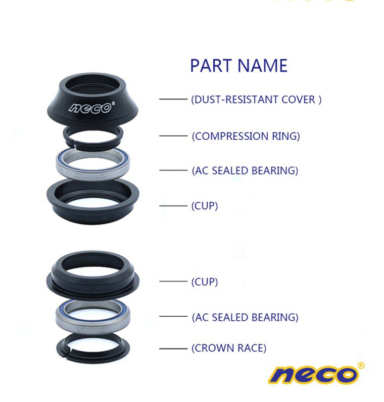 Neco bike headset for giant atx xtc od2 44 50.6 mm mtb bike mountain bearing headset straight tapered fork 28.6 31.8 38.1 33