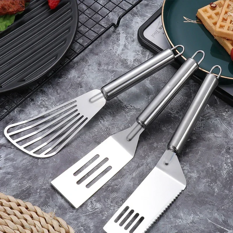 Espátula ranurada de acero inoxidable para pescado, pescado plano, rebanada de carne, espátula para freír, pala giratoria, suministros de cocina, utensilios de cocina
