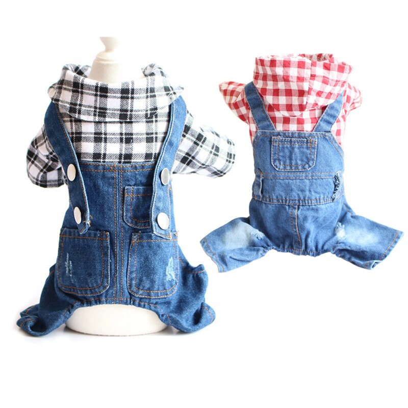 Plaid Stripe Pet Dog Jumpsuits Clothes Autumn Jean Hoodies Jacket For Small Dogs Chihuahua Overalls Casual Spring Sweatshirt 10A