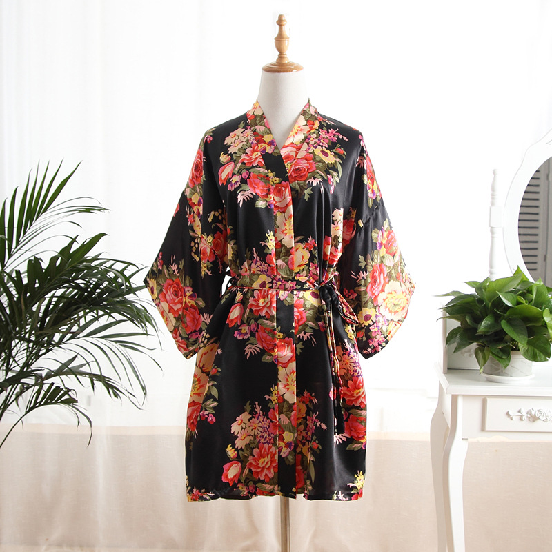 Vrouwen Badjas Sexy Losse Bruiloft Gewaad Casual Lounge Nachtkleding Kimono Print Pioen V-hals Mini Home Kleding