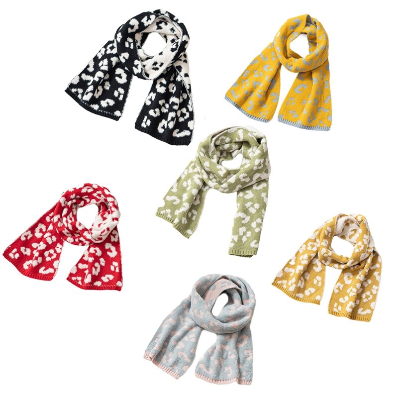 Børn strikket langt tørklæde vintage leopardprintet småbørn drenge piger vinter efterår casual wrap sjal halsvarmer 19 x 135cm