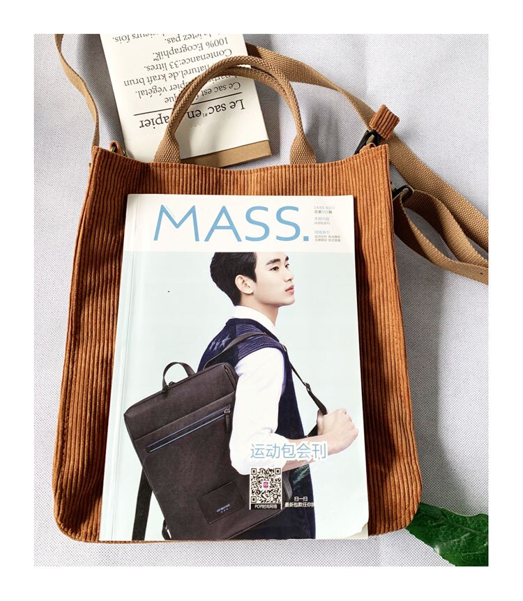 Qiaoduo – sac à bandoulière en velours côtelé pour femmes, sacs de Shopping Vintage, sac à main avec fermeture éclair pour étudiantes, fourre-tout avec poche extérieure