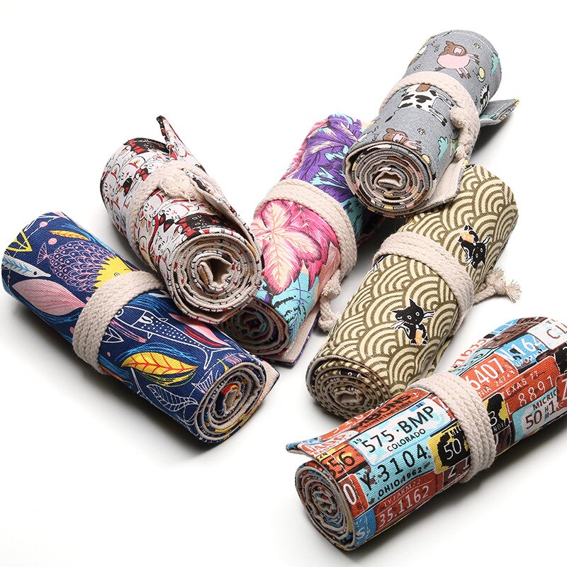 72 Gaten Schoolbenodigdheden Roll-Up Potlood Zakken Voor Kleur Potlood Pennen Tas Potlood Pouch Canvas Handgemaakte Bloemenprint kawaii Bgas