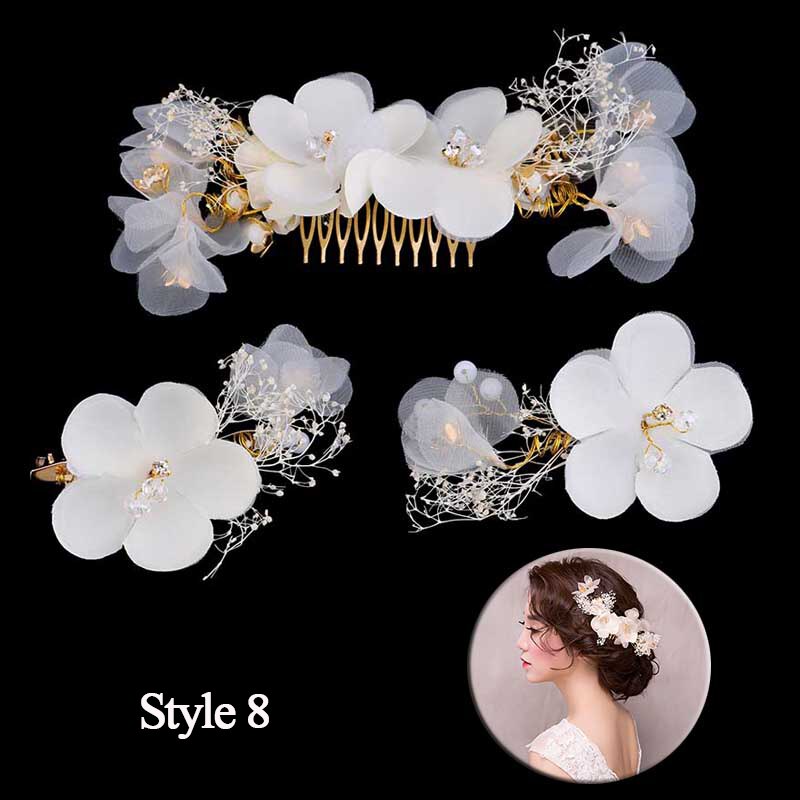 Elegante Floreale Spilli Pizzo Bianco sentiero E Filati Della Perla Del Fiore Dei Capelli della forcella Da Sposa tiara Corona Copricapo Delle Donne Accessori per Capelli Da Sposa: stile 8