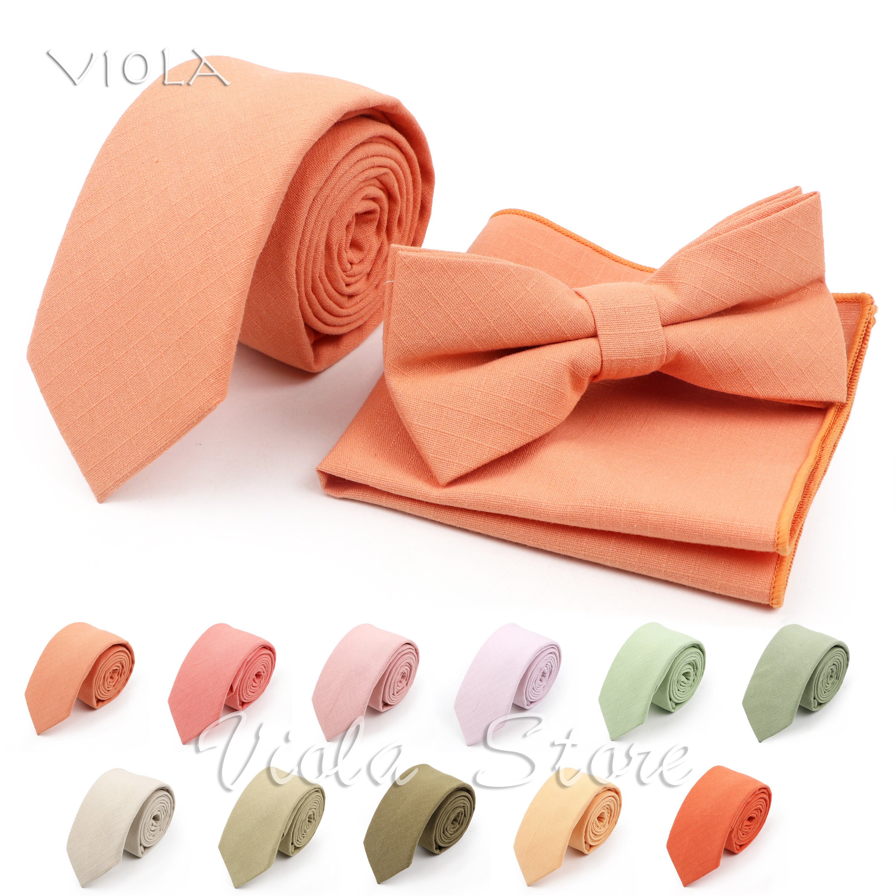 Conjunto de pañuelo de algodón para hombre, corbata de lazo, Color verde claro, rosa, naranja, sólido, 6cm, para boda, , accesorio superior