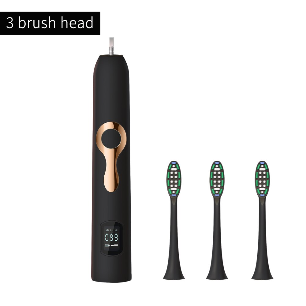 Here Mega Sonic Electric Toothbrush Smart Rechargeable Adult Toothbrush heads Replaceable Whitening waterproof LCD Screen 608: 608 Black  head