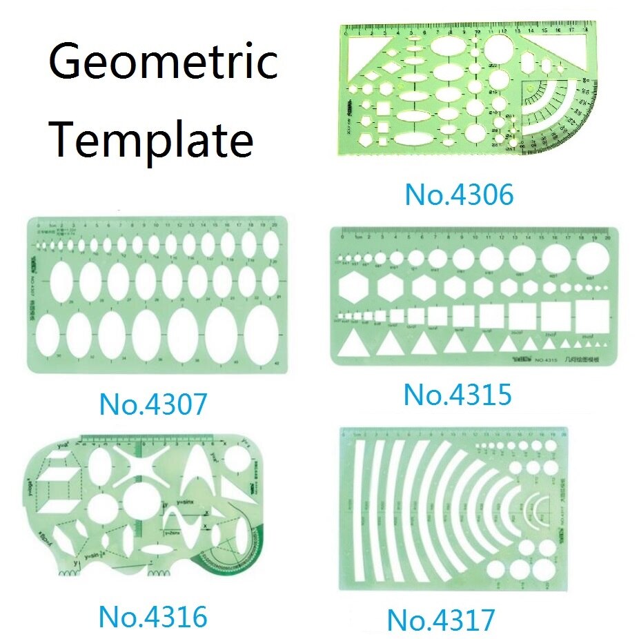 Règle de gabarit géométrique en plastique ensemble cercle, ovale, Arc, Triangle, hexagones modèles règle no 4306/4307/4315/4316/4317: All 5 Pcs a set