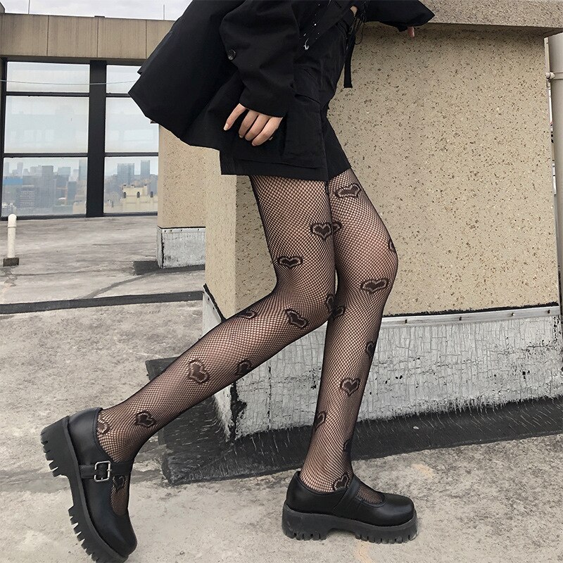 Women Fishnet Heart Pringting Tights Transparent Black Logo Tights Hollow out Moon print Pantyhose Thin Stockings