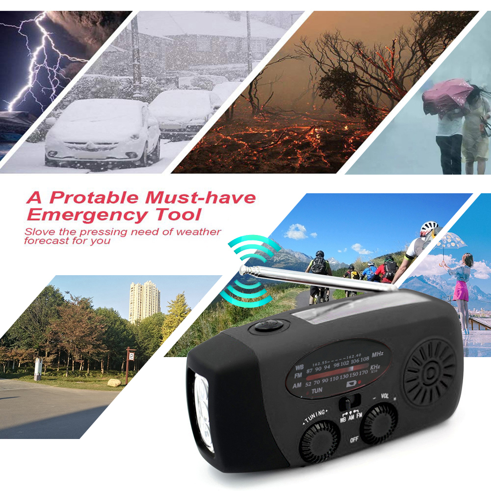 Radio meteorológica portátil, linterna LED, Radio manual, manivela Solar AM/FM/NOAA, Radio meteorológica, linterna de emergencia