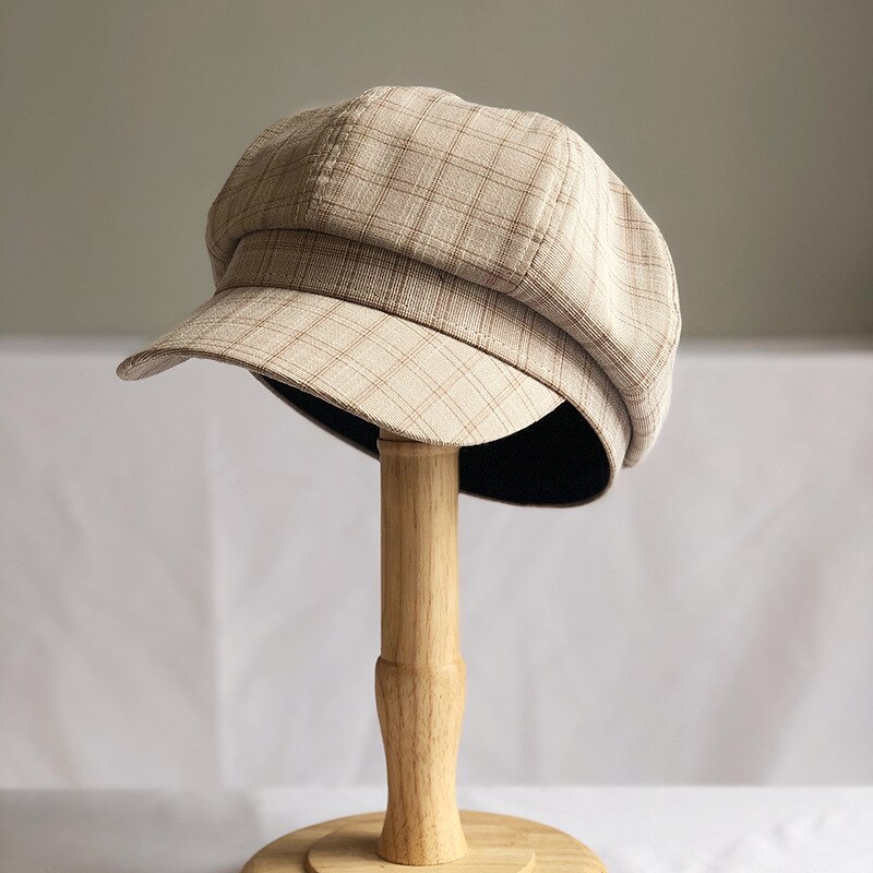Fibonacci bomulds ottekantede hætte kvinder plaid tyndt stof forår sommer hat pige ottekantet hat: Beige