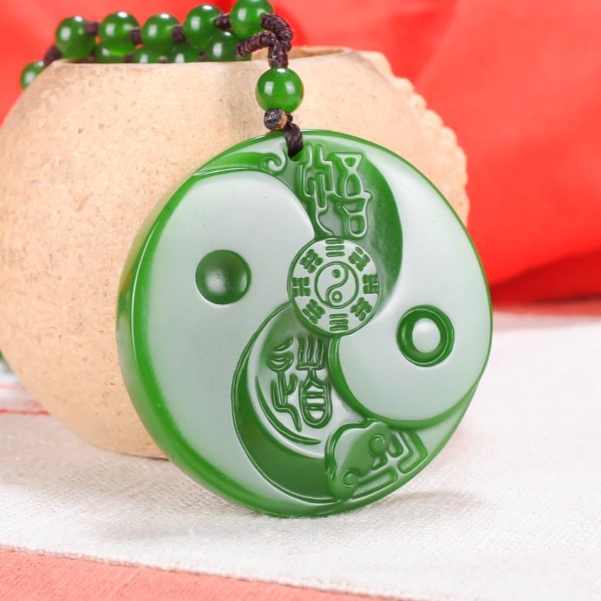 Chinese Groene Jade Taiji Bagua Hanger Ketting Charm Sieraden Mode Accessoires Hand-Gesneden Man Vrouw Luck Amulet: Pendant-chain