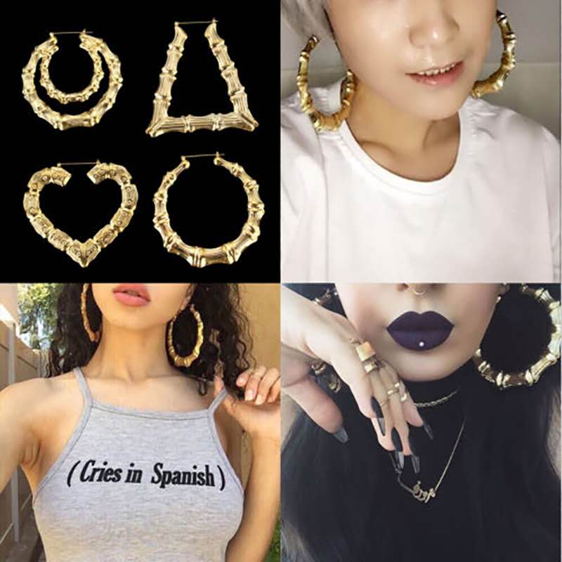 Brincos de bambu dourado para mulher kolczyki damskie piercing aros grande argola moda feminina jóias triângulo quadrado coração