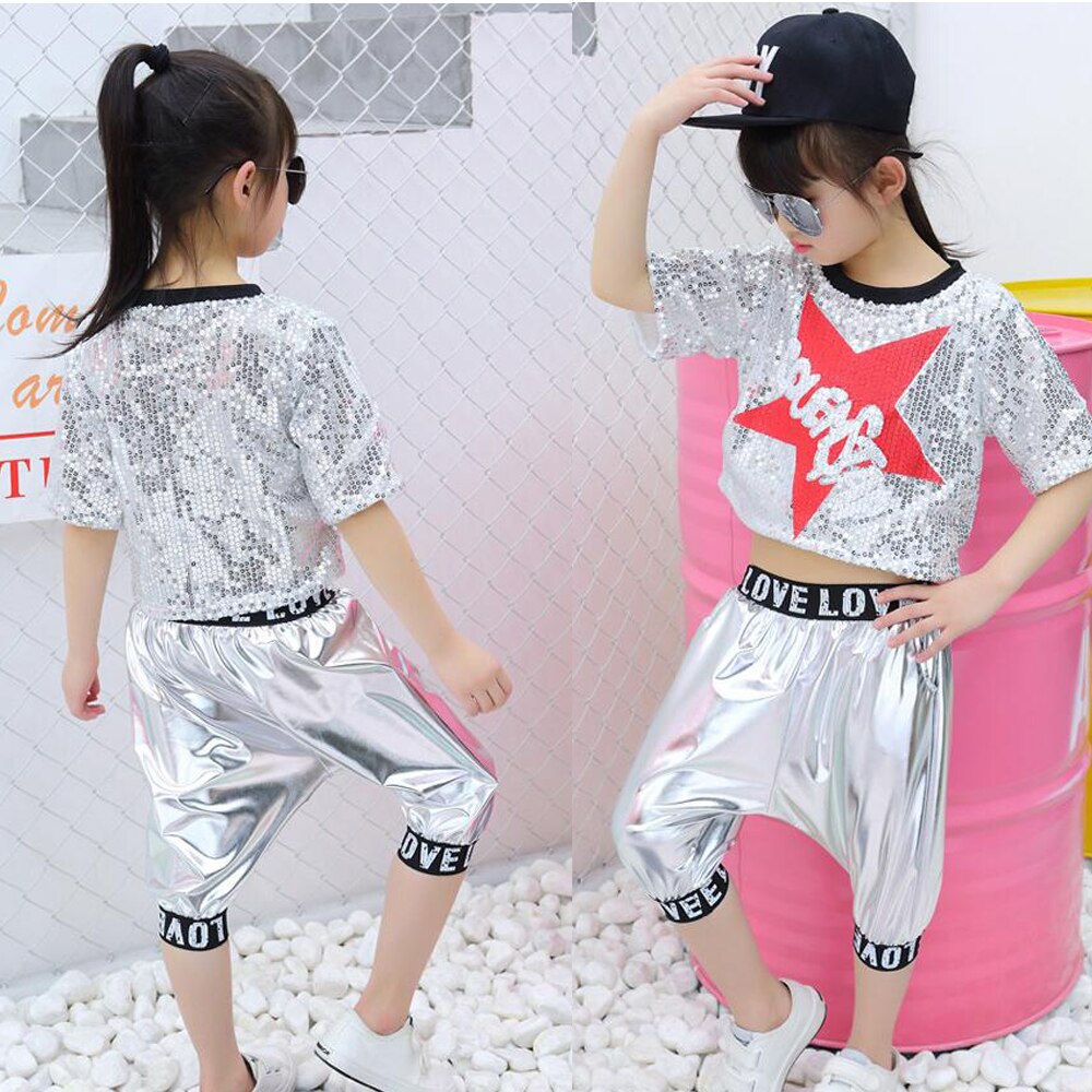 Conjunto de Top y pantalón de salón de lentejuelas para chicas, conjunto de traje de competición de baile de Hip Hop Jazz para niños, ropa de baile, atuendos