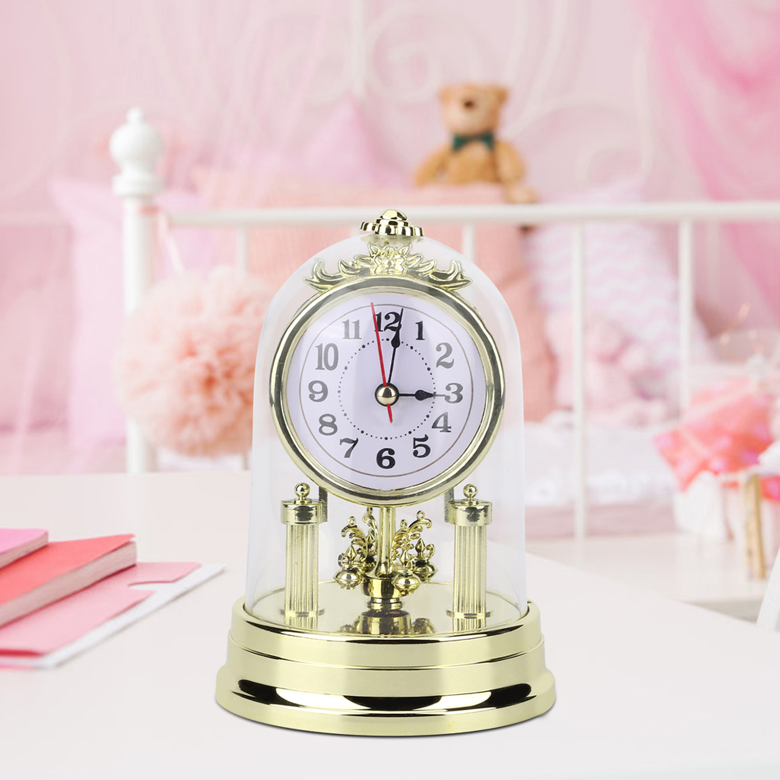 European Retro Gold Plastic Silent Table Clock Home Living Room Decoration Electronic Desktop Clock With Clear Clock Cover