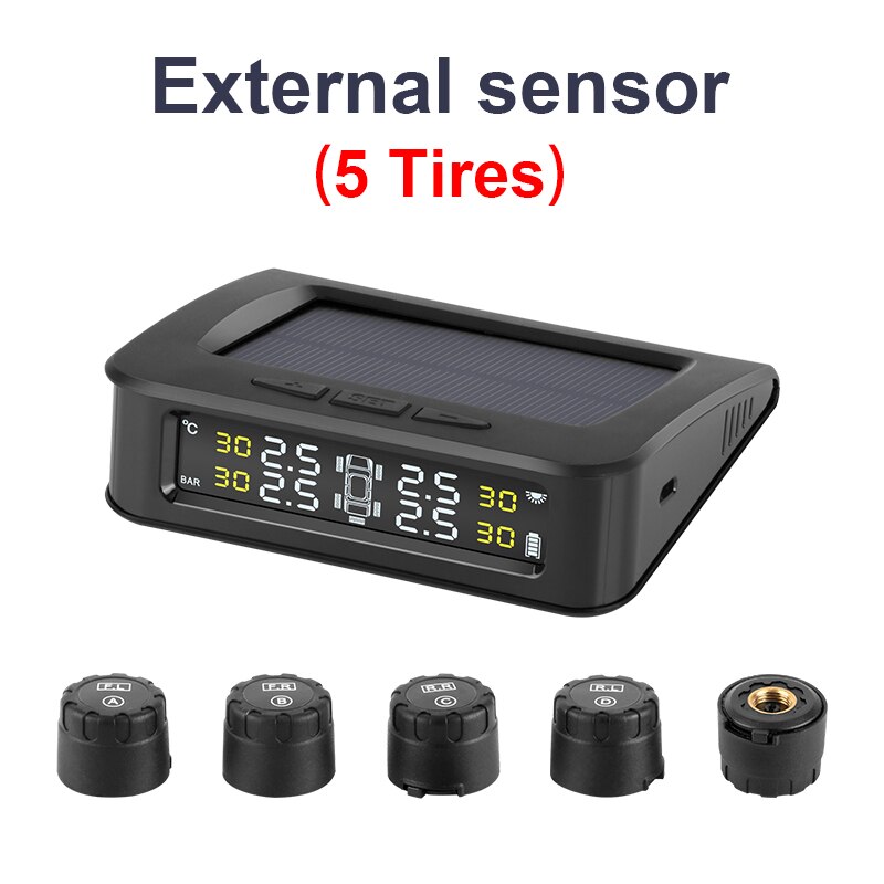 Tpms bil 5 dæksensorer trykalarm monitor system display sol ladning tryk kontrol advarsel med eksterne sensorer 6 bar: 5 eksterne sensorer