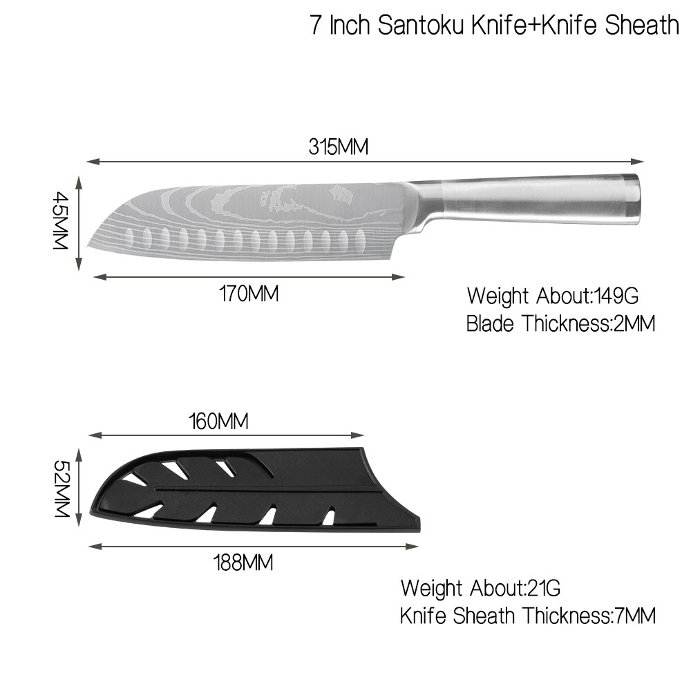 Damask køkkenknive sæt 7 cr 17 knive i rustfrit stål frugtværktøj santoku kok udskæring brød madlavning kniv damaskus mønster: 7 in santoku kniv