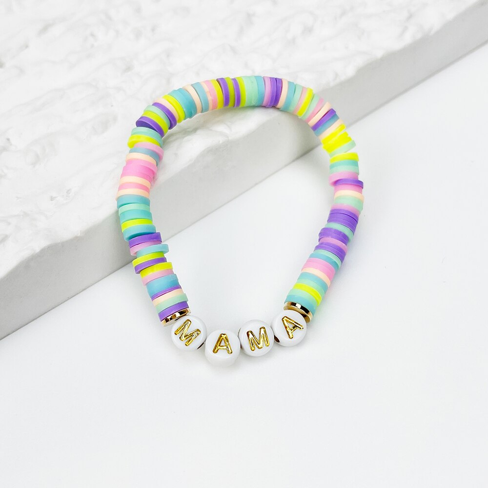 Peri&#39;sbox Cute Handmade Rainbow Polymer Clay Disc Bead Bracelet With Acrylic MAMA Letter For Mother&#39;s Day Jewelry: light rainbow