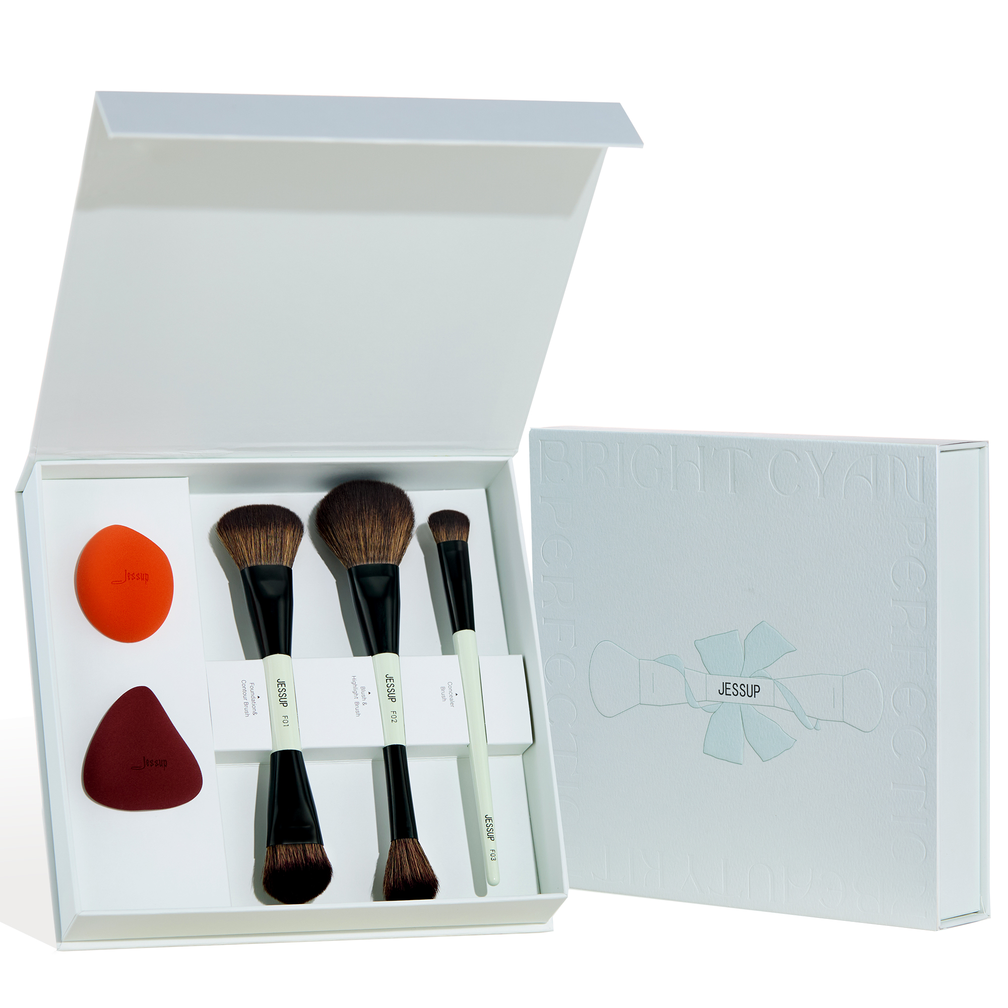Jessup make-upborstelset met make-upspons, 3/7 stuks dubbelzijdige make-upborstel foundation blush oogschaduw met geschenkdoos: Blauw