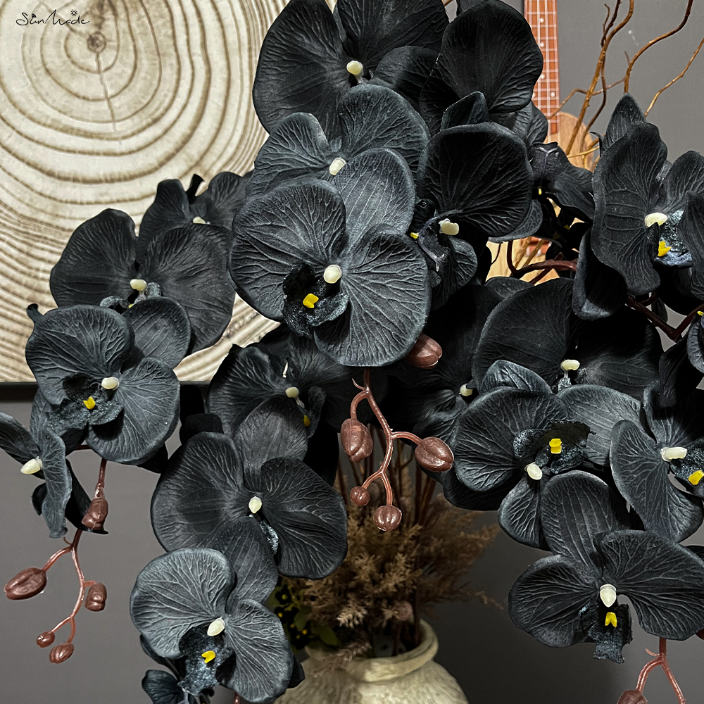 Rama de orquídeas negra gótica hecha en el sol, Flores artificiales de seda, decoración del hogar y el Hotel, Flores artificiales, Flor de mariposa negra