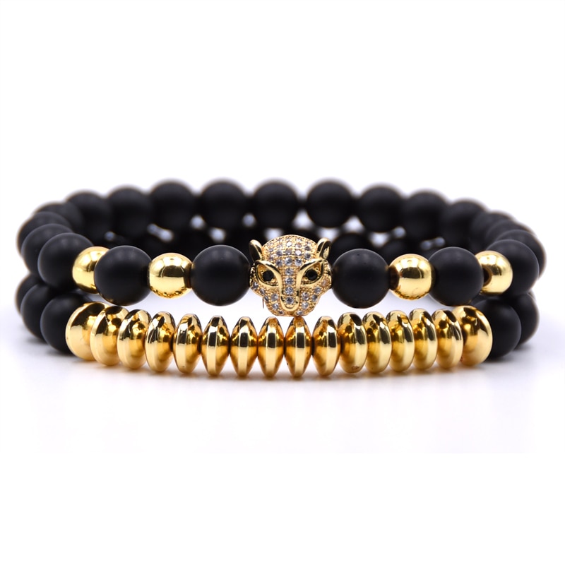 Men CZ Zirconia Leopard head Charms Bracelets 8mm Natural stone Matte Beads Bracelet For Women jewelry pulseras: 2