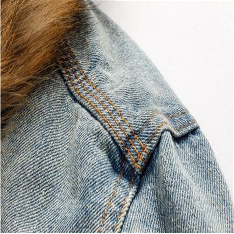 Mens Denim Jacket with Fur Collar Retro Ripped Fleece Jeans Jacket and Coat for Autumn Winter