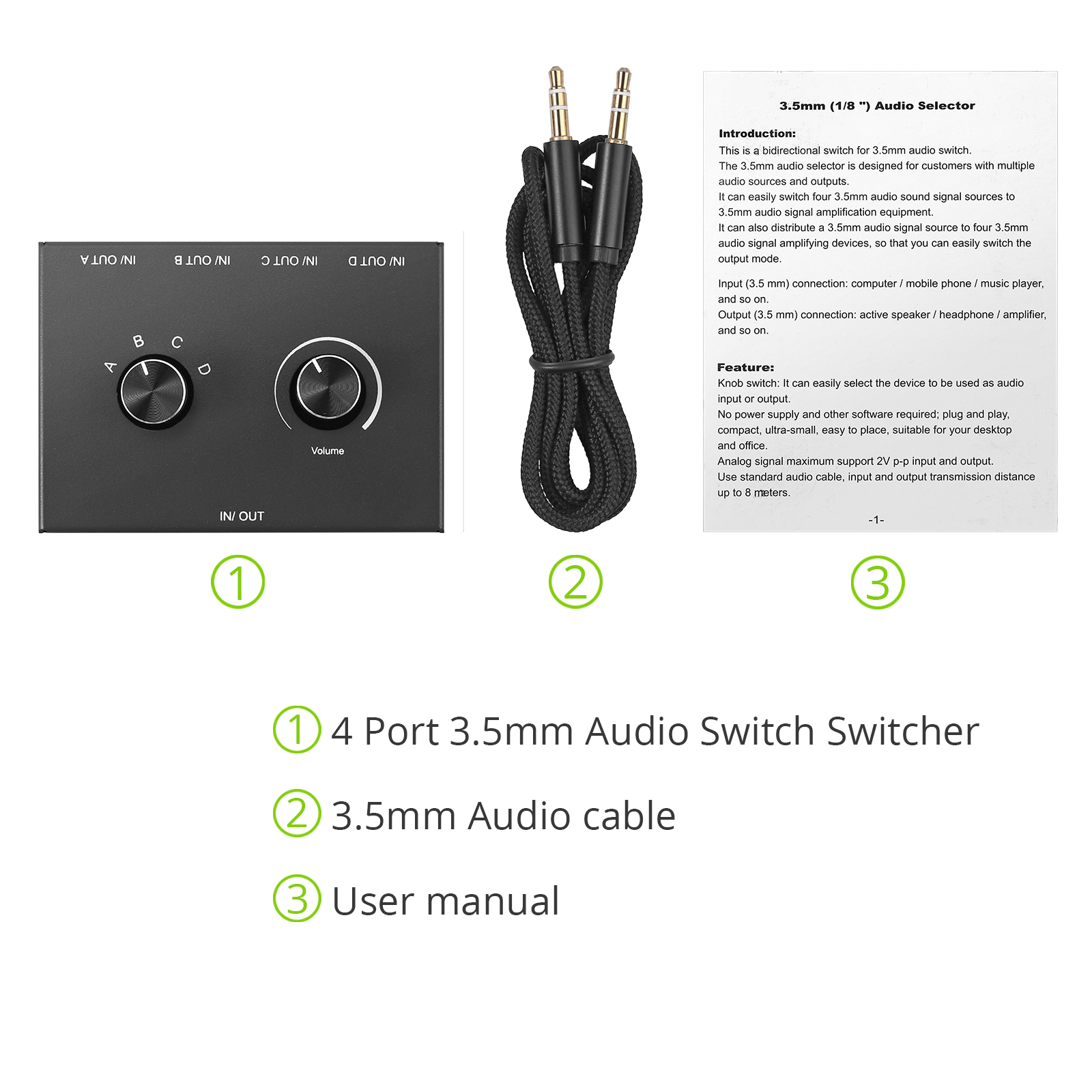 4-Wege/2-Wege 3,5 mm Stereo-Audio--Umschalter Bidirektionaler Audio--Umschalter-Splitter-Kasten 2 in 1 aus 4 in 1 aus mit Stummschalttaste