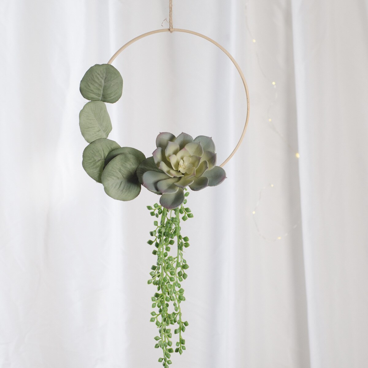 Cilected Artificial Succulent Hanging Plants Decor Wedding Wreath With Drooping Leaves Bamboo Hoop Garland For Wall Decoration: Color9
