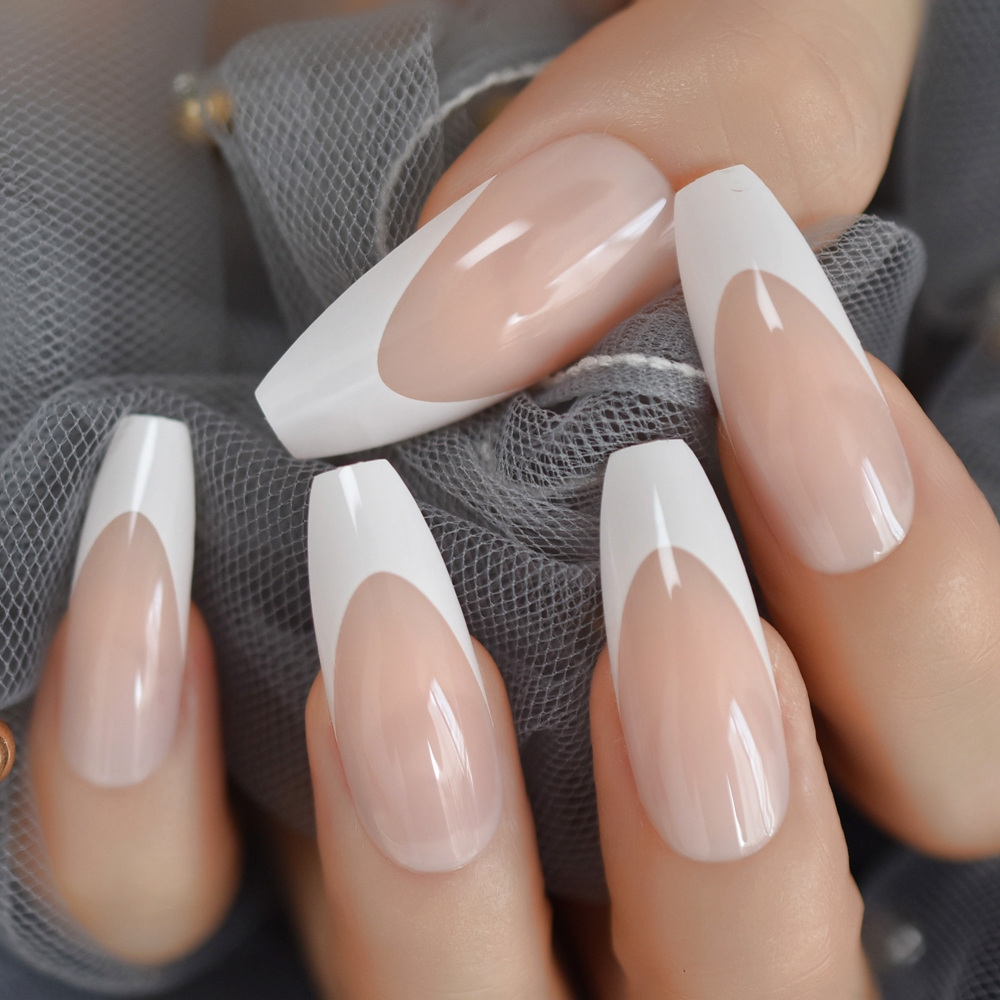 Lång glänsande fransk nagel naturlig naken helskydd plast konstgjorda naglar diy nageltips manikyr ballerina naglar