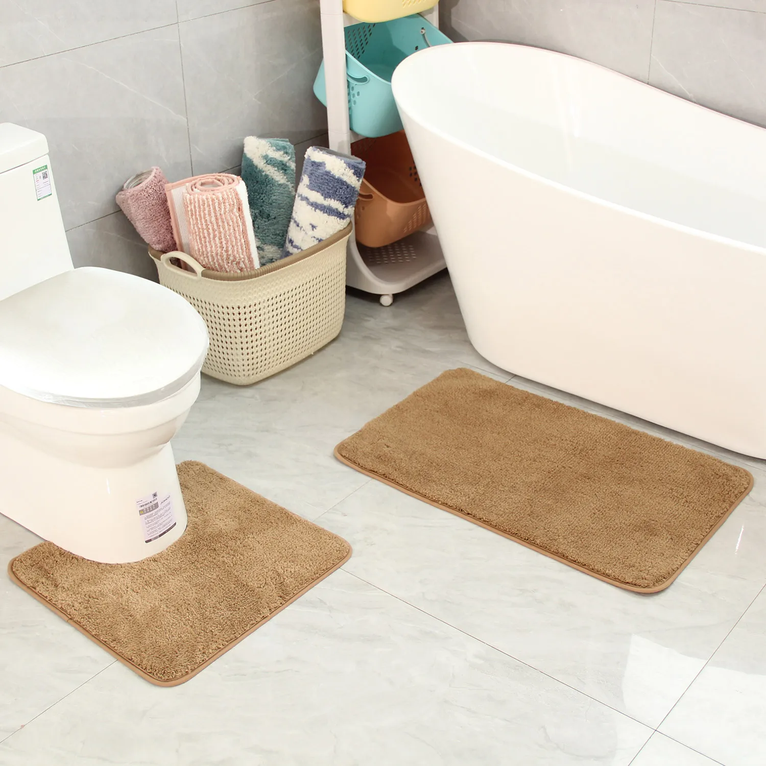two-piece bathroom non-slip mat U-shaped set flocked absorbent foot mat for toilet and shower: Other