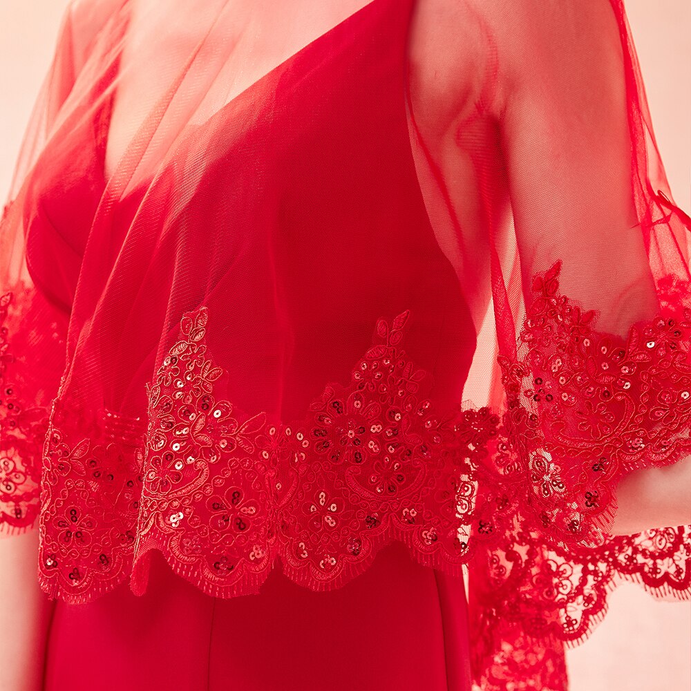 Capa de encaje con borde de tul rojo para mujer, chal de ilusión para boda, envoltura de graduación, capa fina de verano, accesorio para celebridades