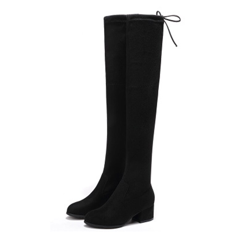 Sort elastisk flok slim fit over knæet støvler kvinder efterår vinter damer høj hæl varm pels plys lang lår høj botas