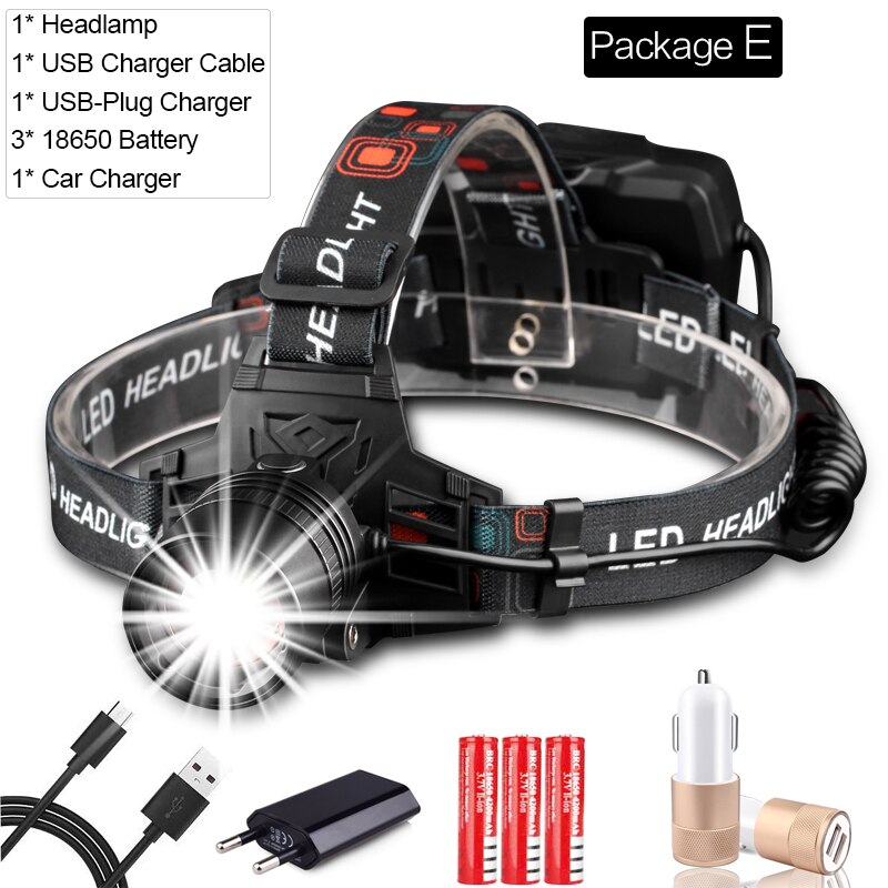 Super Krachtige Koplamp USB Oplaadbare Koplamp XHP70 XHP50 LED Head Light Zoomable Head Lamp Waterdicht Hoofd Front Light: Package E