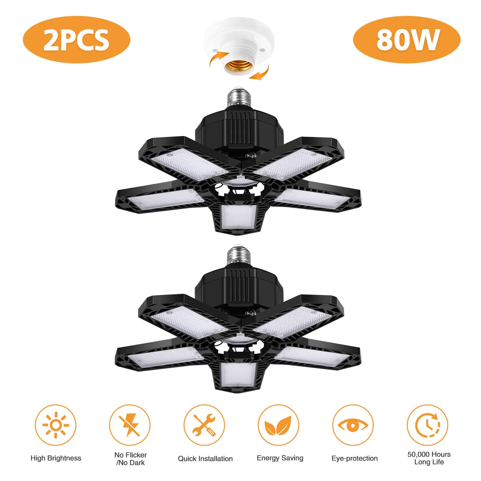 100w LED Garage Light E26 Deformation Ceiling Light 5 Leaf Adjustable Angle Industrial Lamp For Workshop Warehouse 85-265V: 2pcs Black 80w