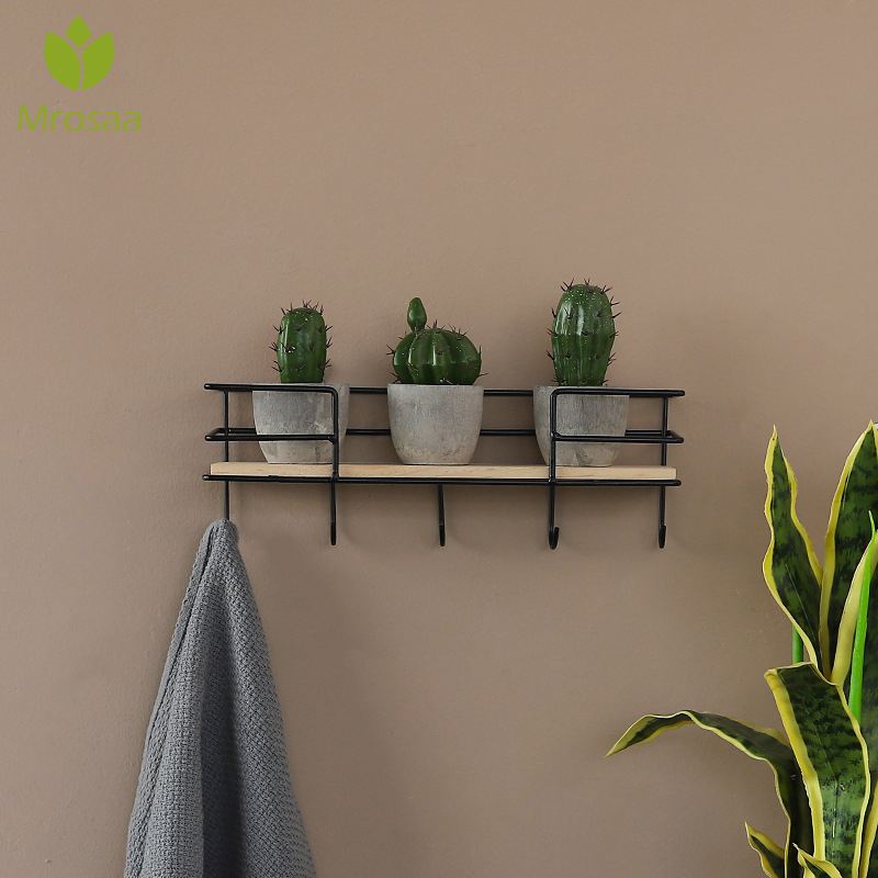 Estante de pared de Metal con ganchos estante de pared para almacenar en madera estante de almacenamiento artesanal de hierro soporte de decoración de pared estantes de pared decorativos