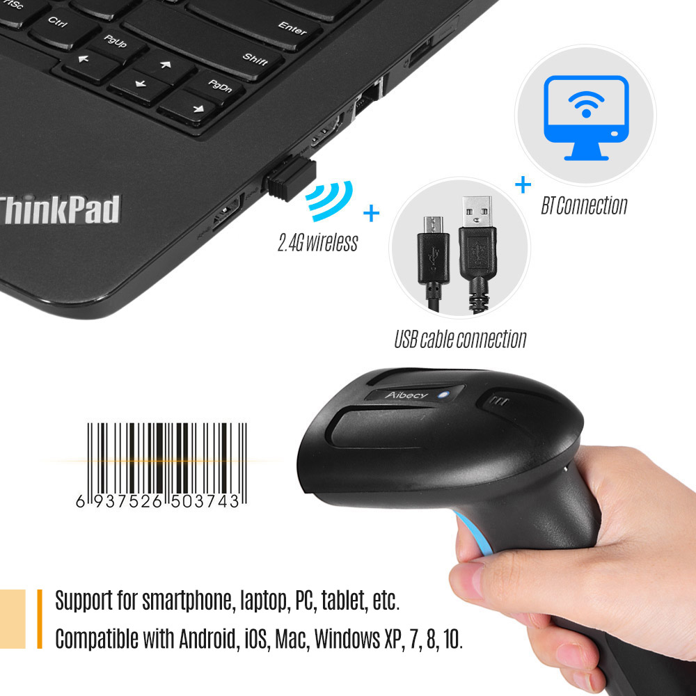 Handheld 3-in-1 Barcode Scanner BT & 2,4G kabellos & verdrahtet 1D 2D Bar Code Leser mit Empfänger USB Kabel für Handy, Mobiltelefon Zahlung