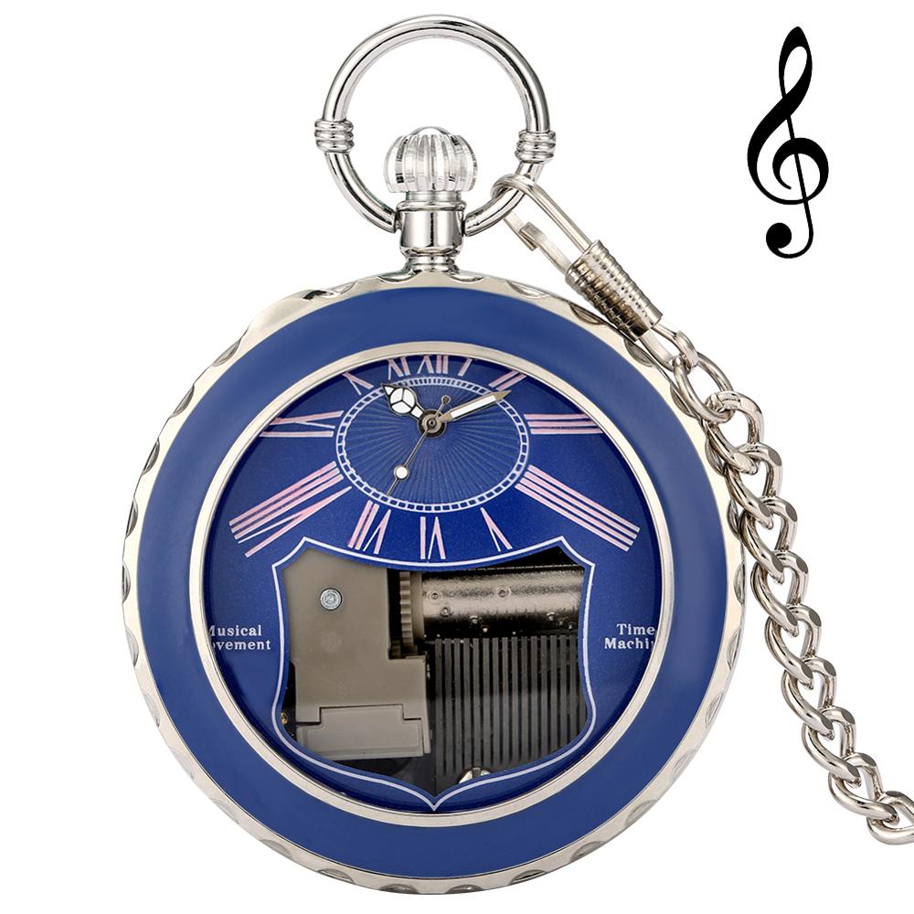 Reloj de bolsillo con movimiento Musical, pulsera de mano con superficie luminosa azul Steampunk, cadena FOB, Manivela para reproducir música, reloj de cuarzo único: Default Title