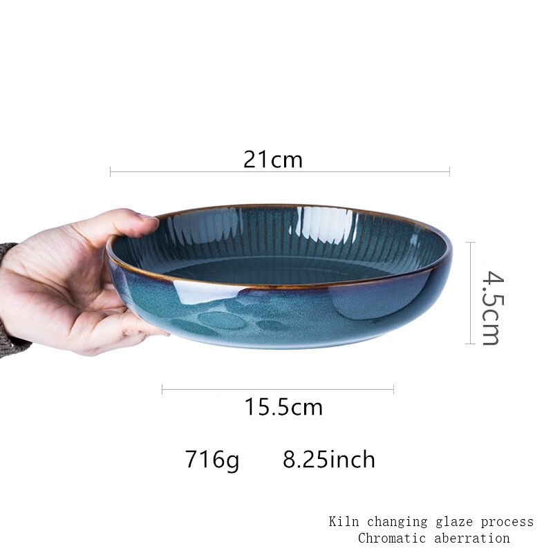 Home green glazed ceramic tableware Blue Retro home kitchenware big dish soup set: Grey