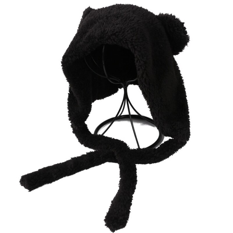 HT2895 Vrouwelijke Russische Cap Leuke Ear Soft Fleece Herfst Winter Hoed Ouder Kind Solid Plain Russische Hoed Dame Sneeuw Ski oorklep Cap: Black / Child size 52-54cm