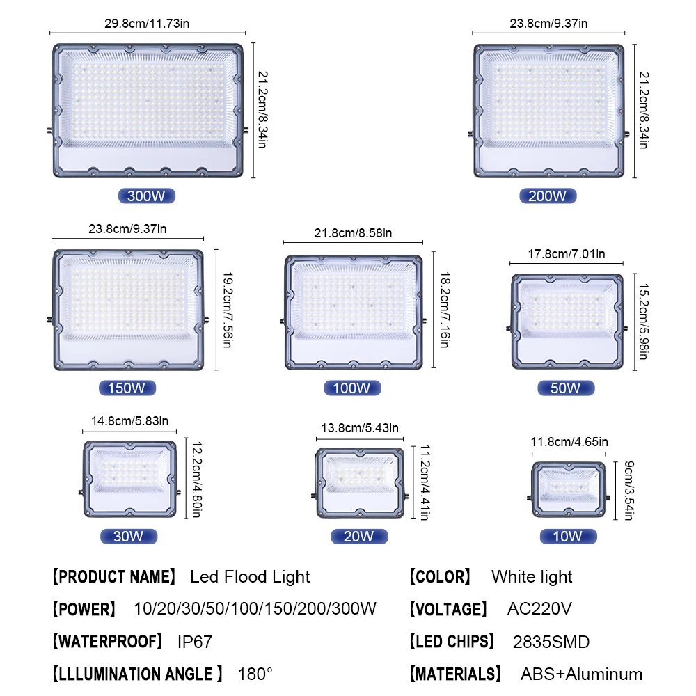LED Flood Light AC 220V 100W 200W 300W 10W 20W 30W 50W IP66 Waterproof LED Spotlight Floodlights Garden Street Gate Wall