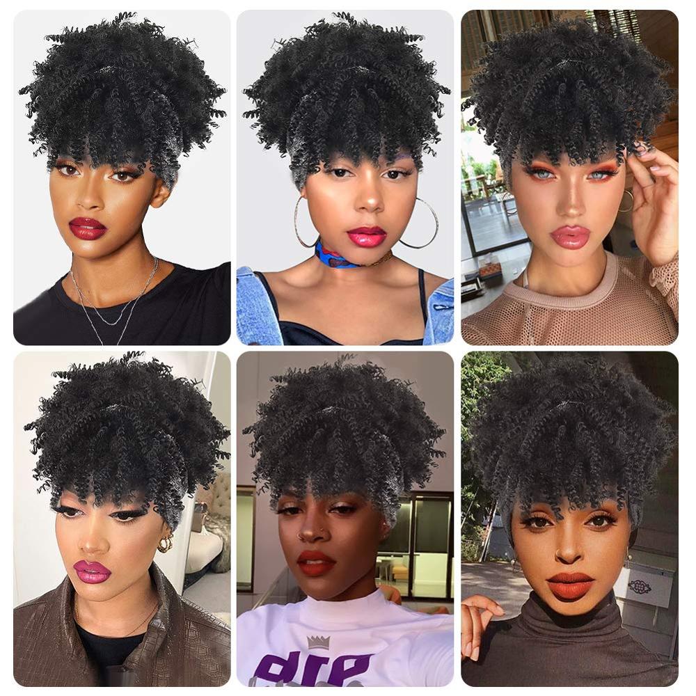 Peluca Afro corta para mujeres negras, coleta rizada con cordón y flequillo, turbante sintético, Headwrap-2 en 1