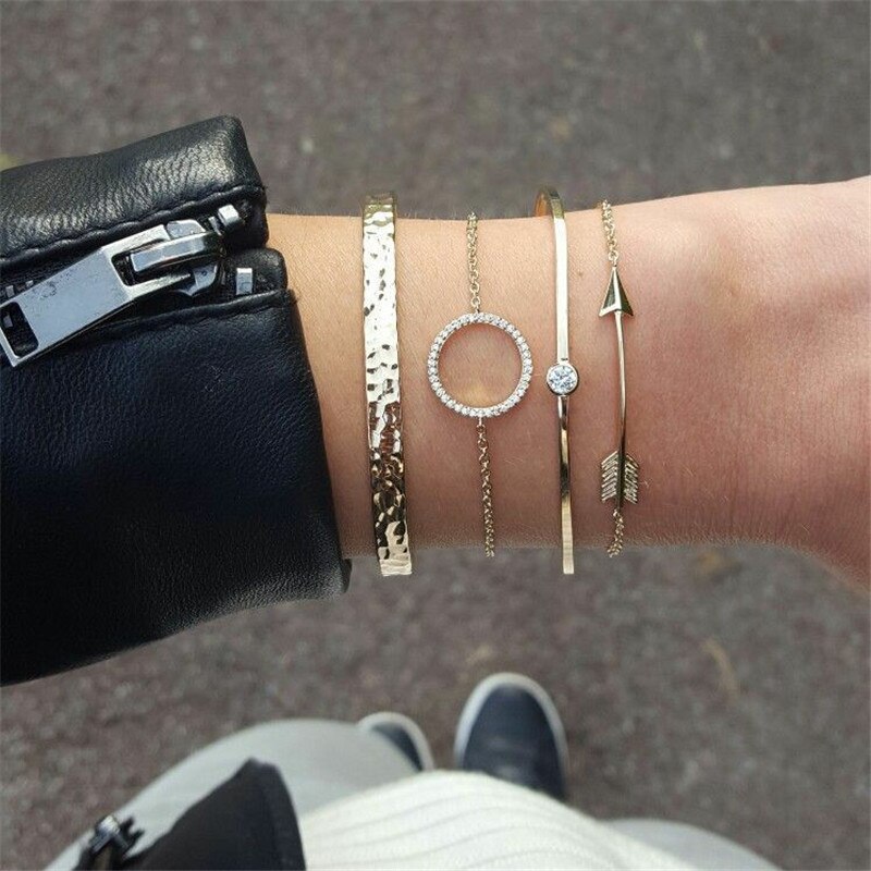 WUKALO Charm 4 stks/set Damesmode Kristal Cirkel Blad Ketting Gouden Kleur Gesimuleerde Parel Armband Set Party Bruiloft Sieraden: 83433