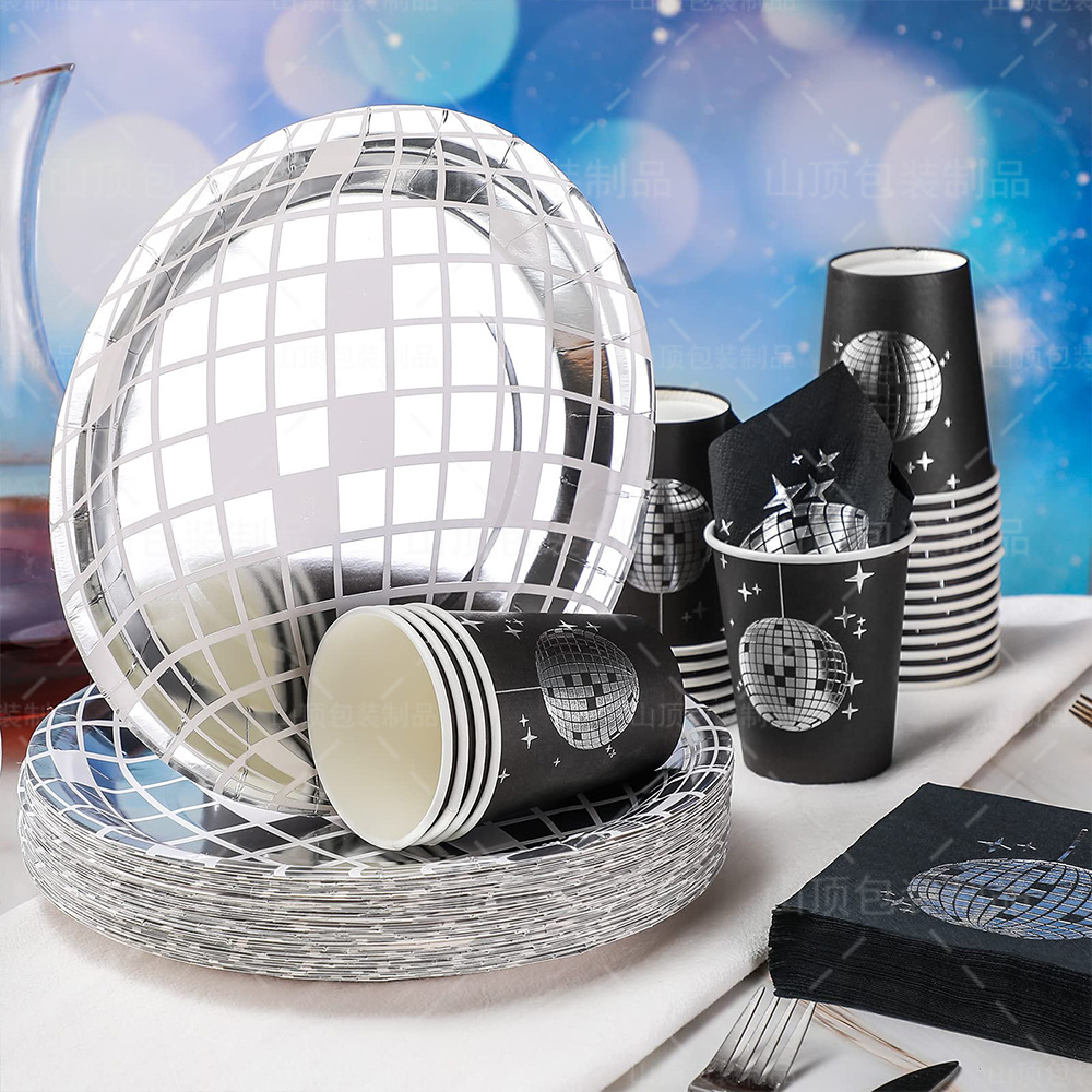 10Guests Disco Silver Ball Disposable Tableware Silver Plates Disco Black Napkin Adult Disco Theme Happy Birthday Party Decor