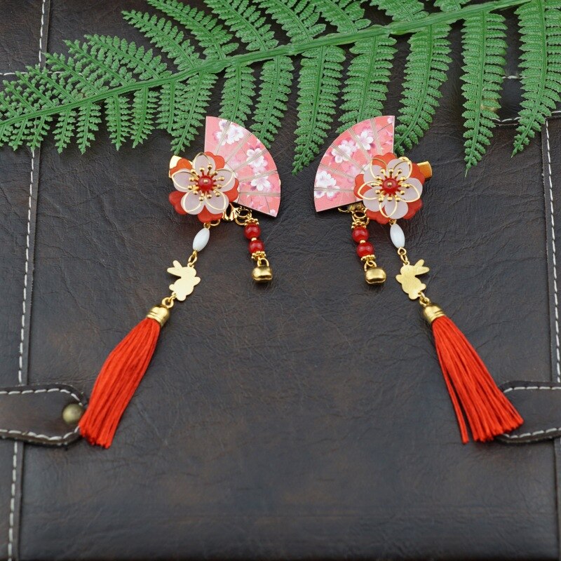 1 Pair Chinese Style Girls Handmade Fan-shaped Hair Clips With Tassels Kids Hair Accessories: R