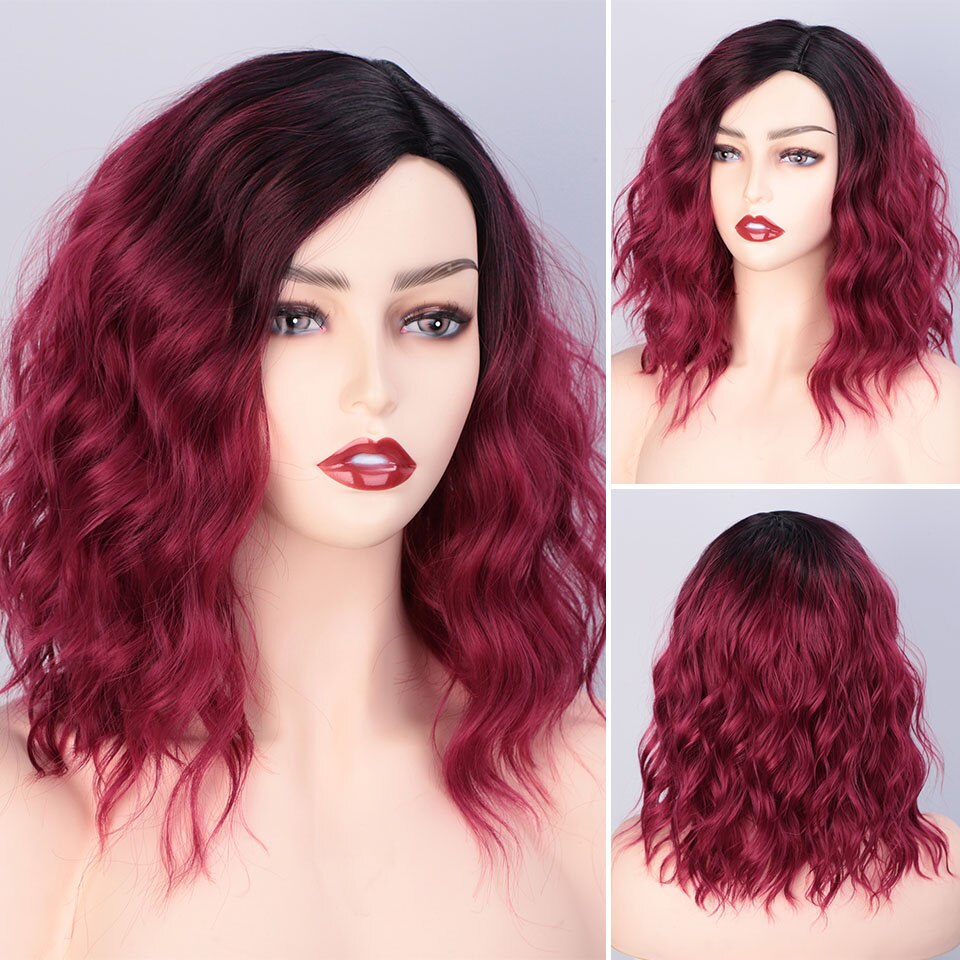 AISI QUEENS Water Wave Short Synthetic Wigs for Women Ombre Black and Purple Cosplay Bob Wig Blue Red Grey Pink Wig: red