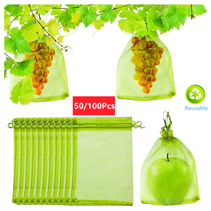 Bolsas de red de protección de frutas con cordón, bolsas reutilizables para cultivo de uvas, cubierta de fresa, bolsas de malla para Control de plagas, 50/100 Uds.