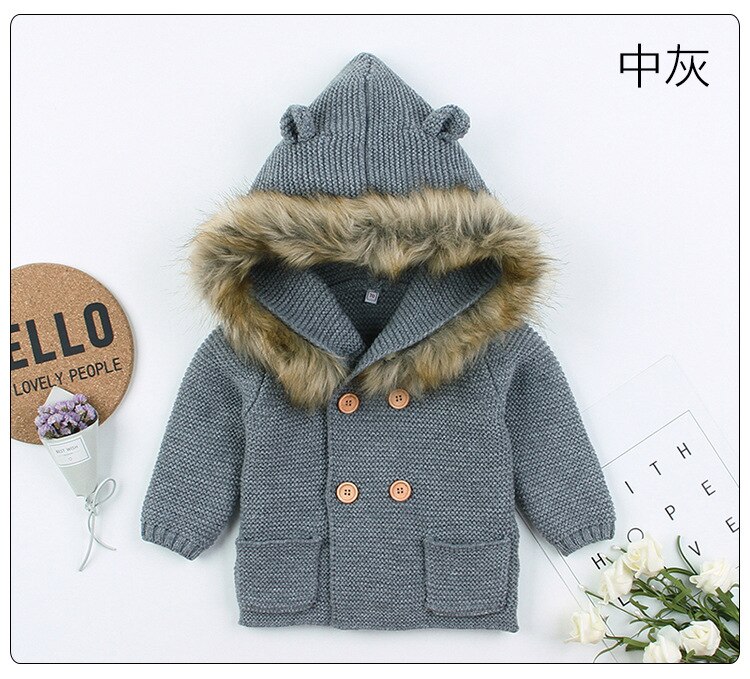 Mode Baby Trui Jas Leuke Bontkraag Dier Hooded Breien Baby Jas Herfst Winter Warm Kleding Voor Baby meisje Jongen: Grijs / 12m