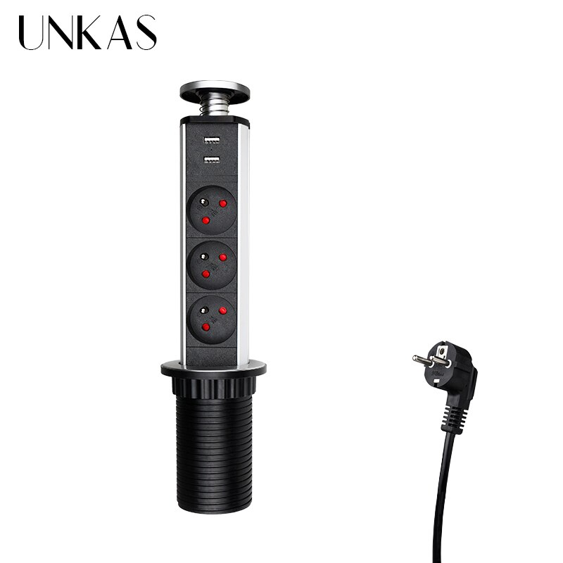 UNKAS 16A PULL POP UP 3 Power EU Socket Port Kitchen Table Desktop Sockets Retractable Countertops French Plug: 3FR Dual USB