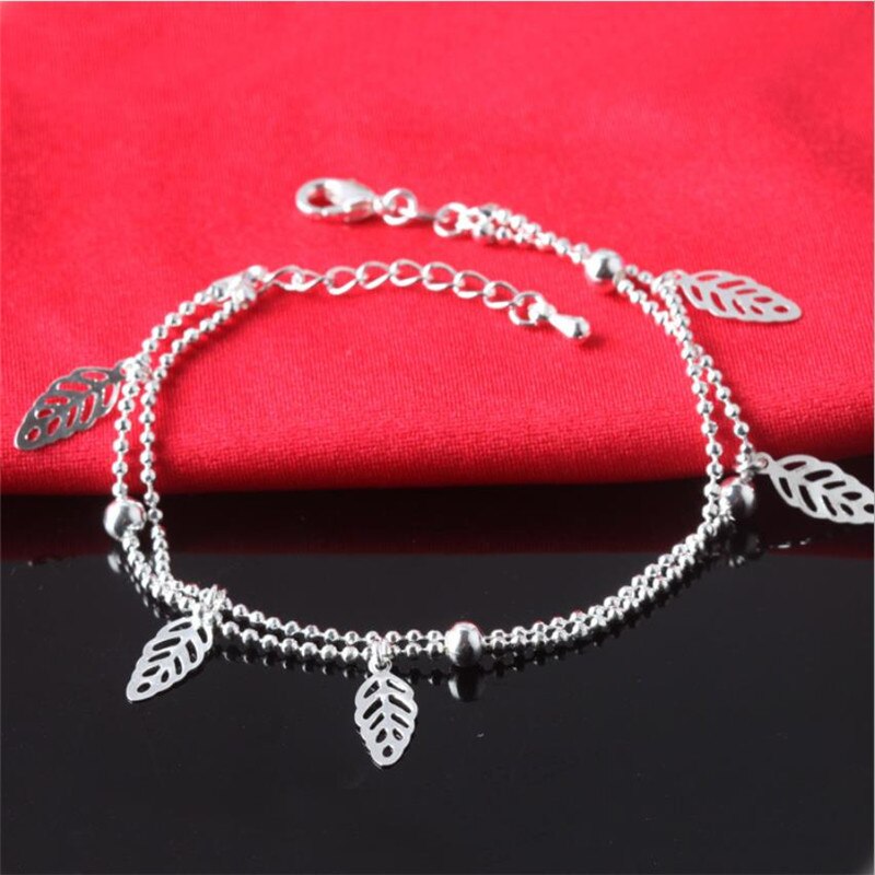 Charm Leaf Armbanden Voor Vrouwen Sieraden Double Layer Mode 925 Sterling Zilveren Enkelbanden Meisjes Prinses Accessoires Lady